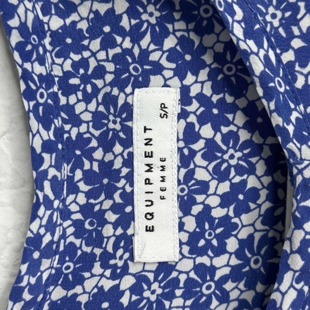 Equipment Shirt Women Small Silk Blue Floral Check Button Career Coquette Blouse - Picture 9 of 10